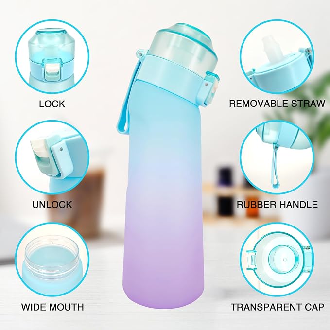 650ml Air Scent Water Bottle BPA Free Sports Cup 7 Flavour Pods Blue Purple