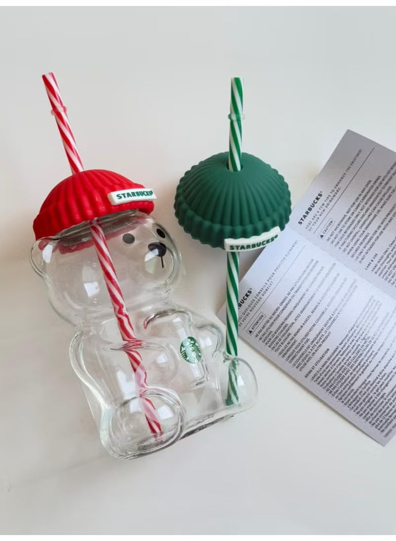 Starbucks Bear Glass Water Cup with Silicone Lid & Straw (Cute Drinkware)