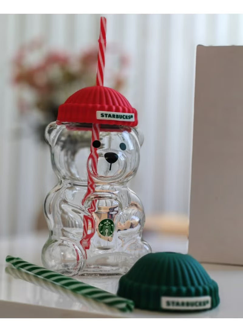 Starbucks Bear Glass Water Cup with Silicone Lid & Straw (Cute Drinkware)