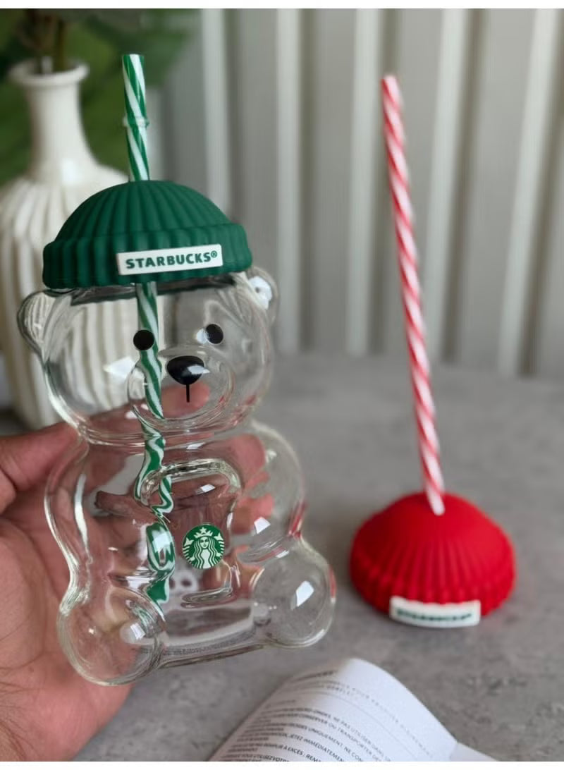 Starbucks Bear Glass Water Cup with Silicone Lid & Straw (Cute Drinkware)