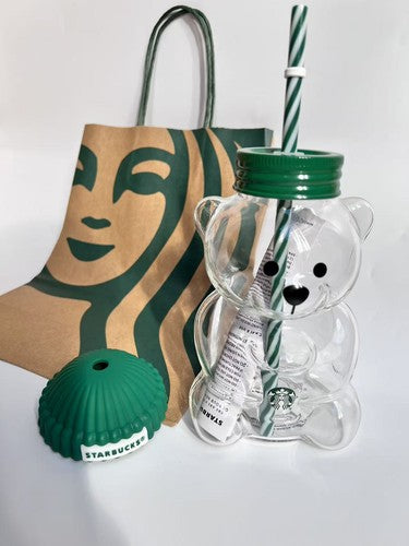 Cute Starbucks Christmas Bear Glass Cold Cup with Lid & Straw (Holiday Tumbler)